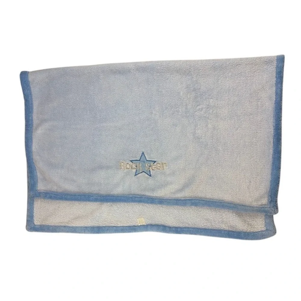 Baby Blanket Blue Plush Rockstar Star Embroidered Soft Cozy Lovey Boy Fleece
